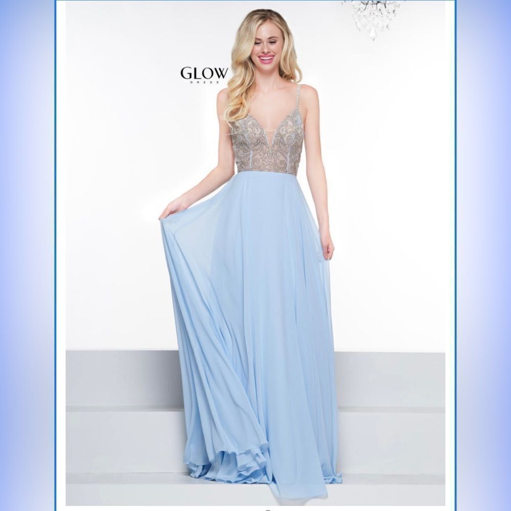 GLOW By Colors Style # G847 Light Blue Chiffon Sequins Maxi Formal Prom Gown 8